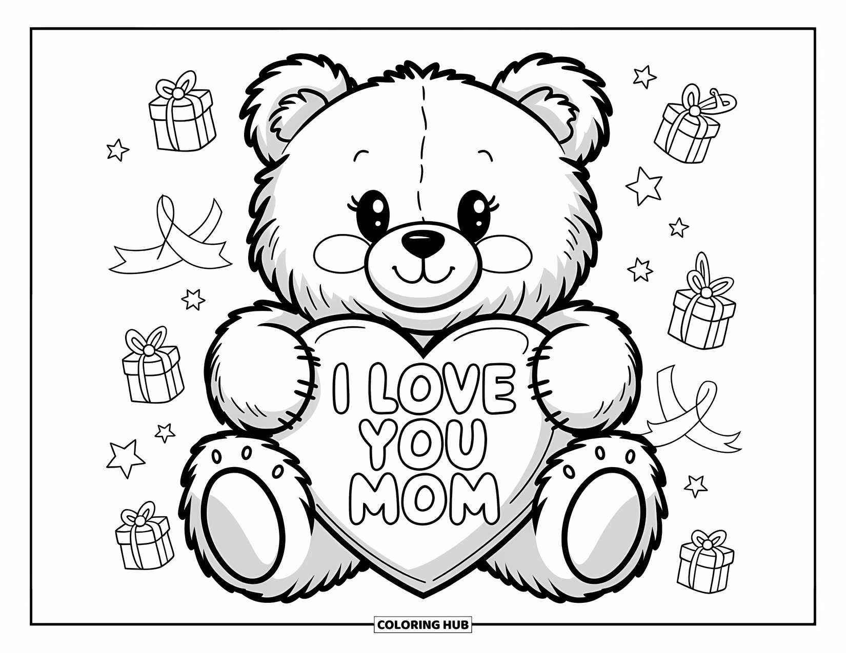 I Love You Mom Coloring Page for Adults: A teddy bear holds a big heart pillow with "I Love You Mom"