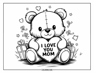 Omalovánka „Miluji tě, mami“ pro dospělé: Medvídek na trávě objímající polštář ve tvaru srdce s nápisem „I Love You Mom“
