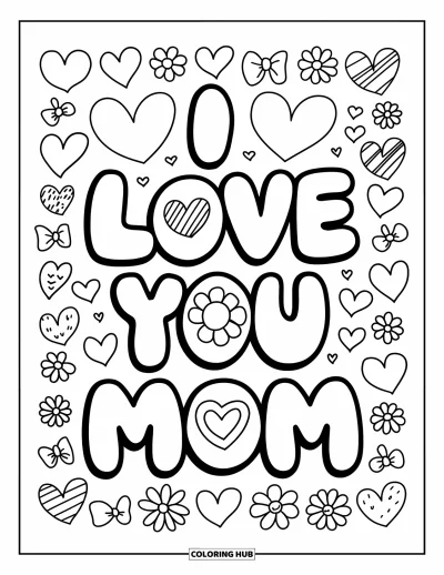 Omalovánka „Miluji tě, mami“ pro dospělé: Velká bublinkový písmena s nápisem „I Love You Mom“ zdobená tečkami a proužky