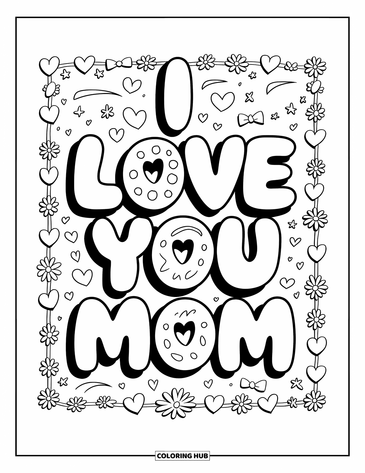 I Love You Mom Coloring Page for Adults: Bubble letters spell "I Love You Mom" with hearts and bows around