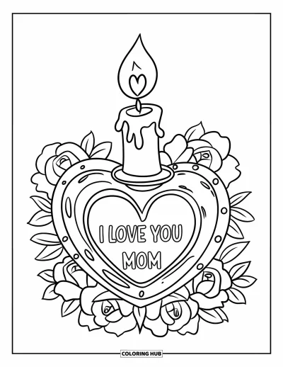 Omalovánka „Miluji tě, mami“ pro děti: Svíčka s růžemi a nápisem „I Love You Mom“ vedle ní