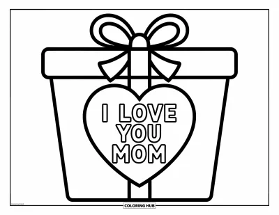 Omalovánka „Miluji tě, mami“ pro děti: Dárková krabice s nápisem „I Love You Mom“ uvnitř a mašlí nahoře