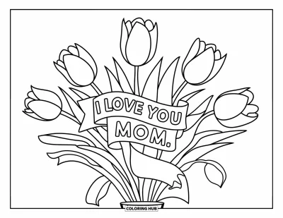 Omalovánka „Miluji tě, mami“ pro děti: Tulipány ve váze uvázané s nápisem „I Love You Mom“