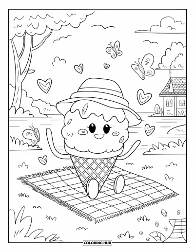 Desenho de casquinha de sorvete para colorir para adultos: Uma casquinha de sorvete animada aproveita um piquenique em uma manta xadrez com corações de doce