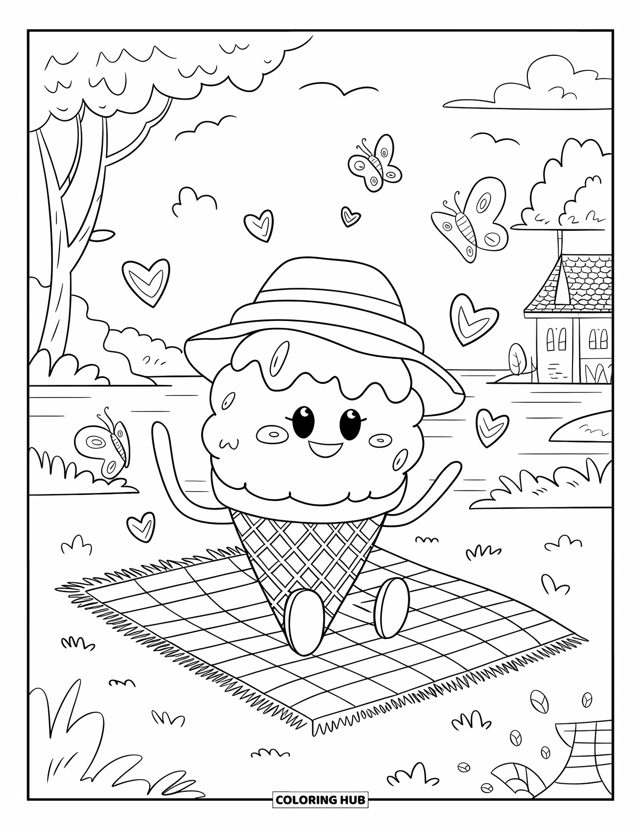 Ice Cream Cone Coloring Page for Adults: A cheerful ice cream cone enjoys a picnic on a checkered blanket with candy hearts