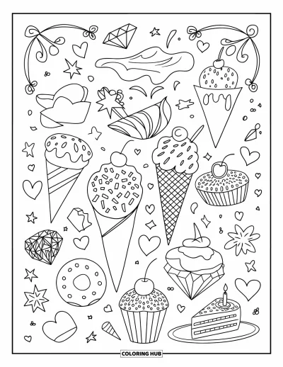 Desenho de casquinha de sorvete para colorir para adultos: Uma colagem de casquinhas, bolos e donuts com coberturas ornamentadas e doodles decorativos
