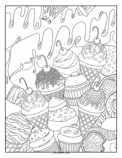 Desenho de casquinha de sorvete para colorir para adultos: Uma colagem de casquinhas, cupcakes, donuts e biscoitos com doodles em espiral