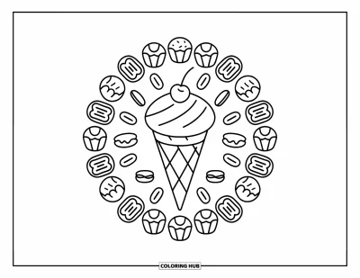 Desenho de casquinha de sorvete para colorir para adultos: Uma casquinha central está rodeada por cupcakes, donuts e macarons em simetria circular