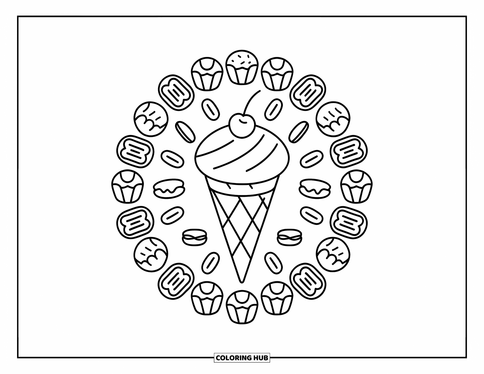 Ice Cream Cone Coloring Page for Adults: A cone centerpiece is surrounded by cupcakes, donuts, and macarons in circular symmetry