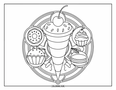 Desenho de casquinha de sorvete para colorir para adultos: Uma casquinha central com cereja está cercada por donuts, cupcakes e macarons