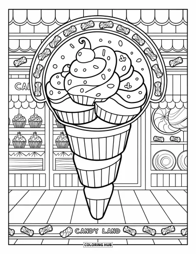 Desenho de casquinha de sorvete para colorir para adultos: Uma casquinha feita de cupcakes e pirulitos está em uma cena de confeitaria