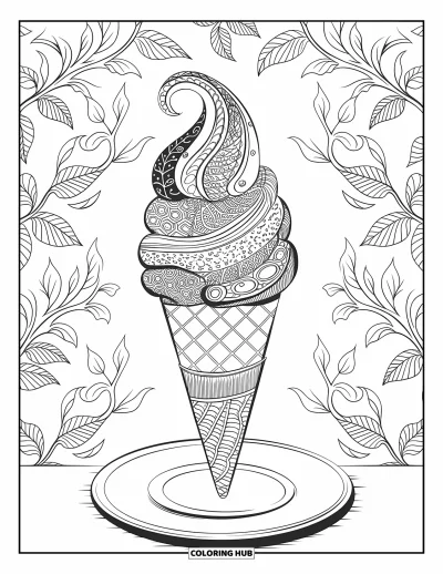 Desenho de casquinha de sorvete para colorir para adultos: Uma casquinha sobre um prato está rodeada por motivos de paisley e zentangle