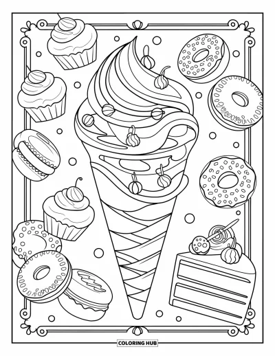 Desenho de casquinha de sorvete para colorir para adultos: Uma casquinha com espirais está rodeada por cupcakes, donuts e bolo