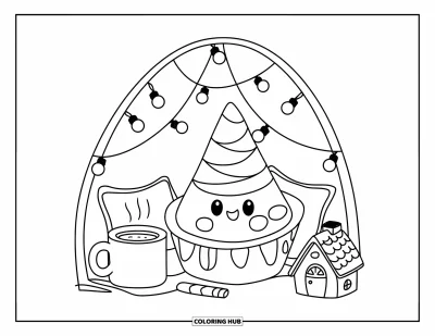Desenho de casquinha de sorvete para colorir para adultos: Um cantinho aconchegante com uma casquinha, almofadas, chocolate quente e luzes brilhantes