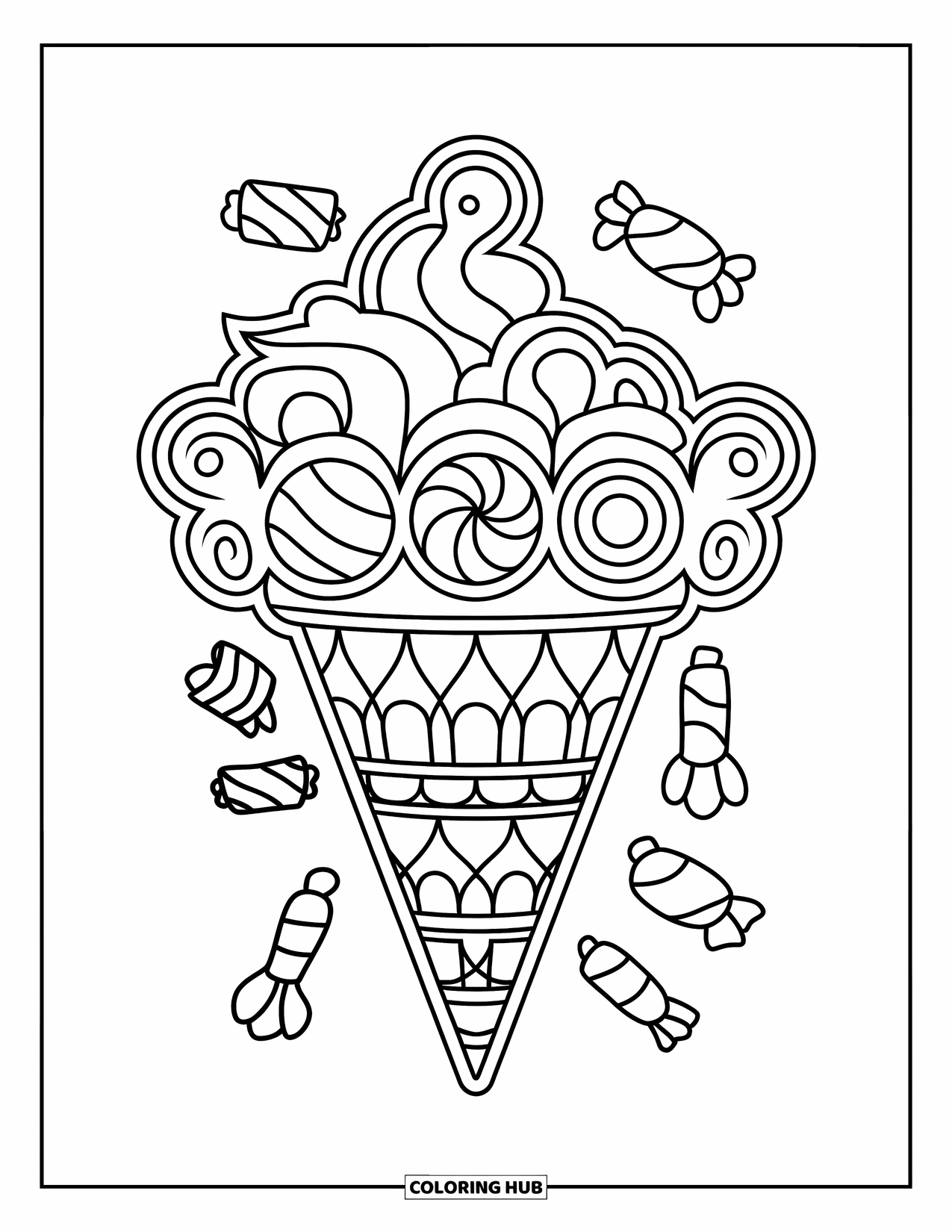 Ice Cream Cone Coloring Page for Adults: A decorative cone with ornate borders is filled with candy patterns