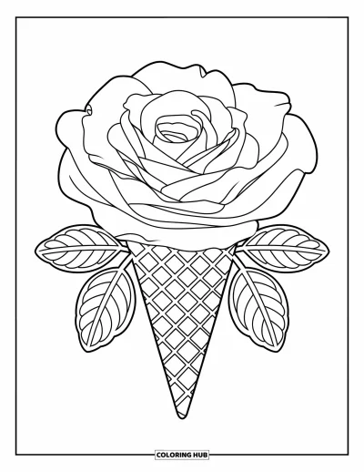 Desenho de casquinha de sorvete para colorir para adultos: Uma casquinha decorativa em formato de rosa com pétalas em camadas está separada da sua base