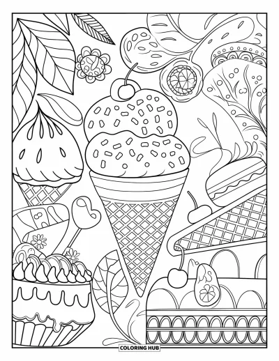 Desenho de casquinha de sorvete para colorir para adultos: Uma colagem de sobremesas com casquinhas, bolos e macarons decorados com padrões florais