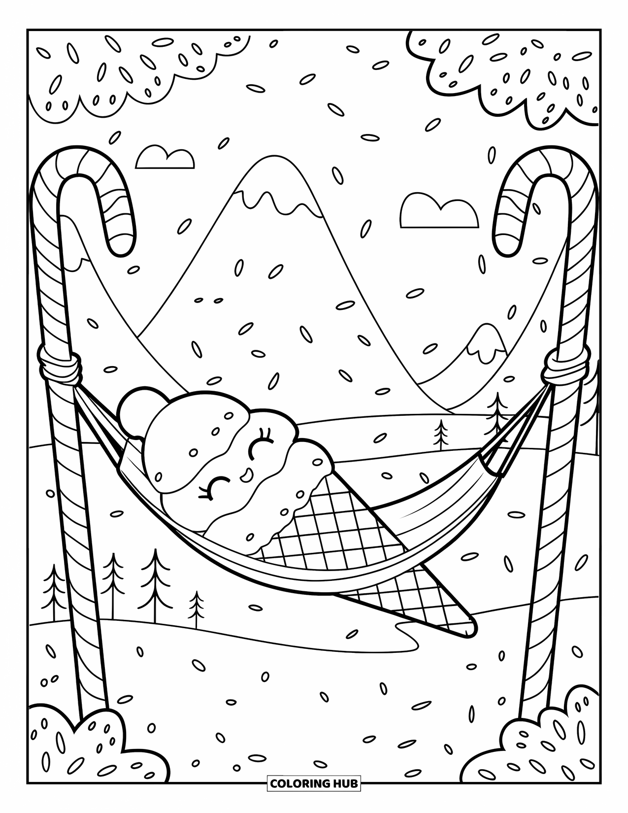 Ice Cream Cone Coloring Page for Adults: A double-scoop ice cream cone rests on a hammock between candy cane poles