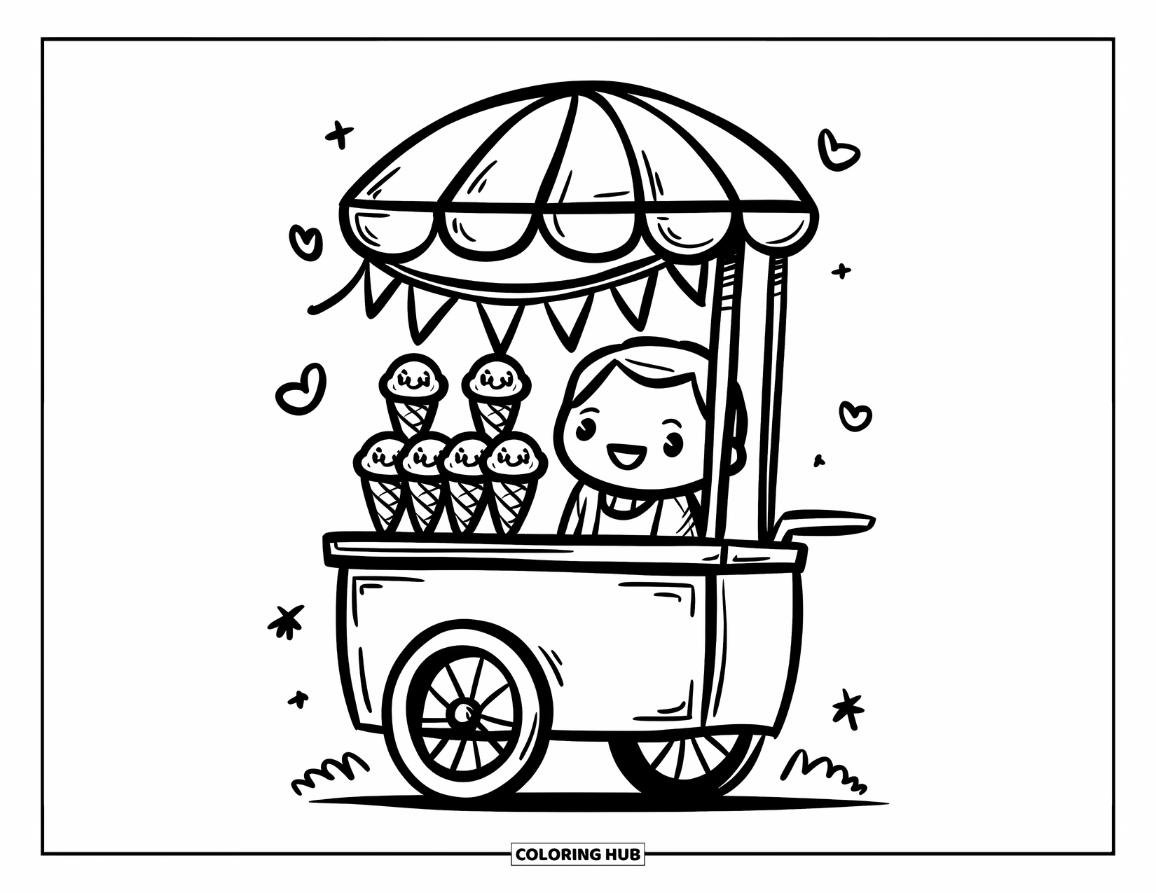 Ice Cream Cone Coloring Page for Adults: A kawaii ice cream cart with a smiling cone vendor and bunting flags