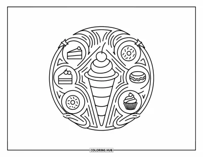 Desenho de casquinha de sorvete para colorir para adultos: Uma casquinha grande com cereja está cercada por bolos, donuts e macarons