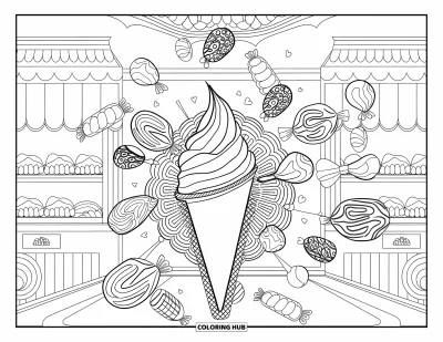 Desenho de casquinha de sorvete para colorir para adultos: Uma casquinha grande com doces flutuantes e espirais coloridas está em uma cena de confeitaria