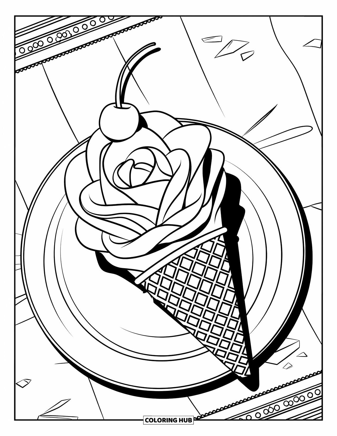 Ice Cream Cone Coloring Page for Adults: A rose-shaped ice cream cone with a cherry on top rests on a plate