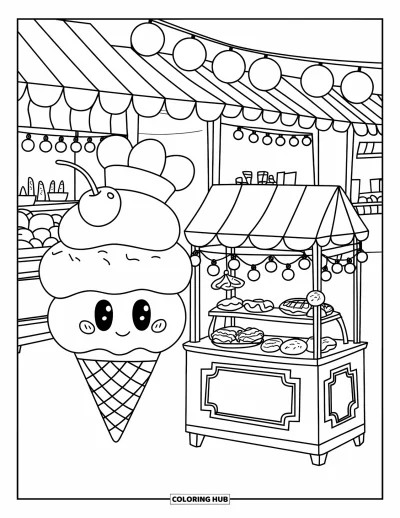 Desenho de casquinha de sorvete para colorir para adultos: Uma casquinha sorridente com chapéu de cereja está ao lado de uma banca de sobremesas iluminada