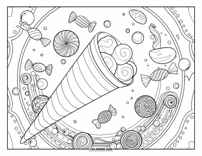 Desenho de casquinha de sorvete para colorir para adultos: Uma casquinha listrada flutua entre doces decorados e espirais de confeito