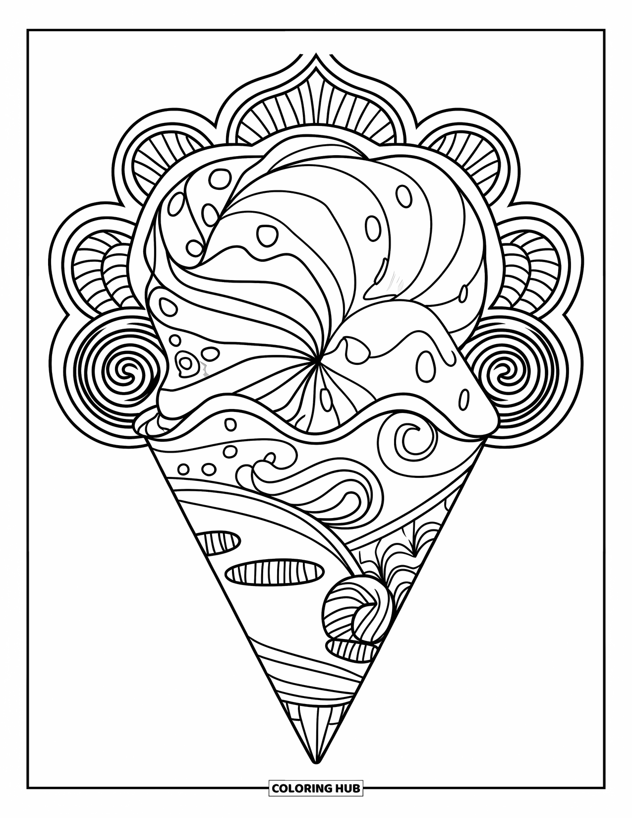 Ice Cream Cone Coloring Page for Adults: A stylized cone is framed with ornate borders and candy patterns