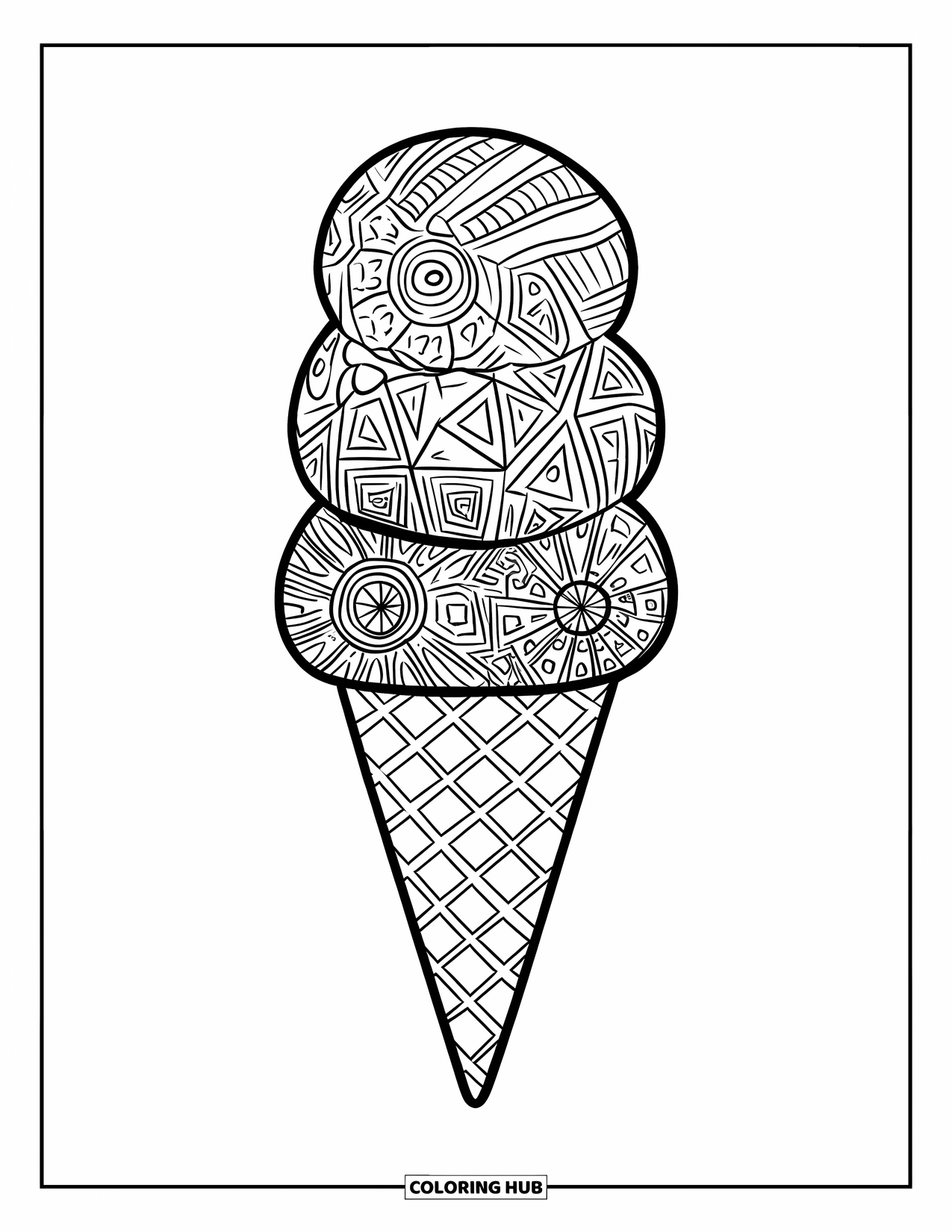 Ice Cream Cone Coloring Page for Adults: A triple-scoop cone with doodle scoops has a striped cone base