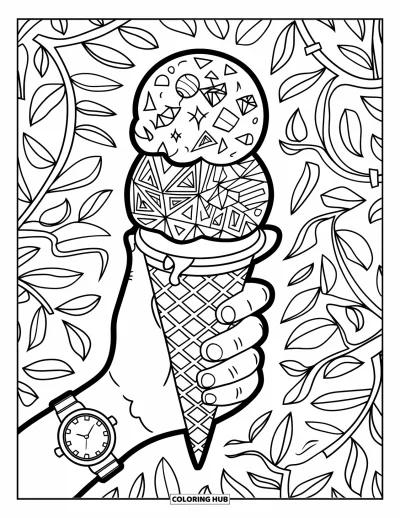 Desenho de casquinha de sorvete para colorir para adultos: Uma casquinha tripla com bolas estilo doodle é segurada por uma mão com relógio
