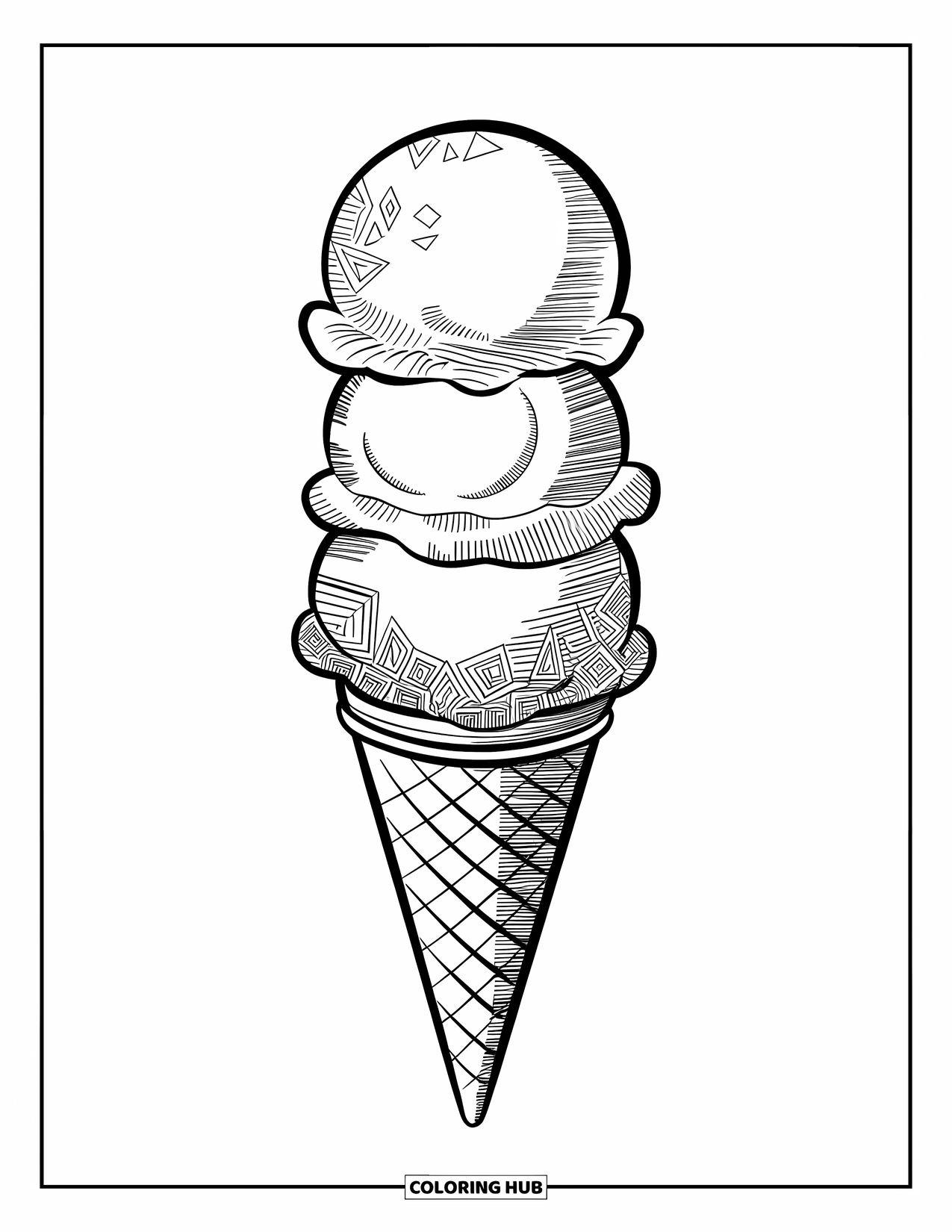 Ice Cream Cone Coloring Page for Adults: A triple-scoop ice cream cone filled with geometric doodles
