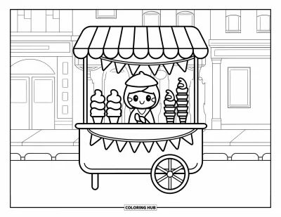 Desenho de casquinha de sorvete para colorir para adultos: Um carrinho de sorvete com um vendedor-casquinha sorridente e bandeirinhas coloridas