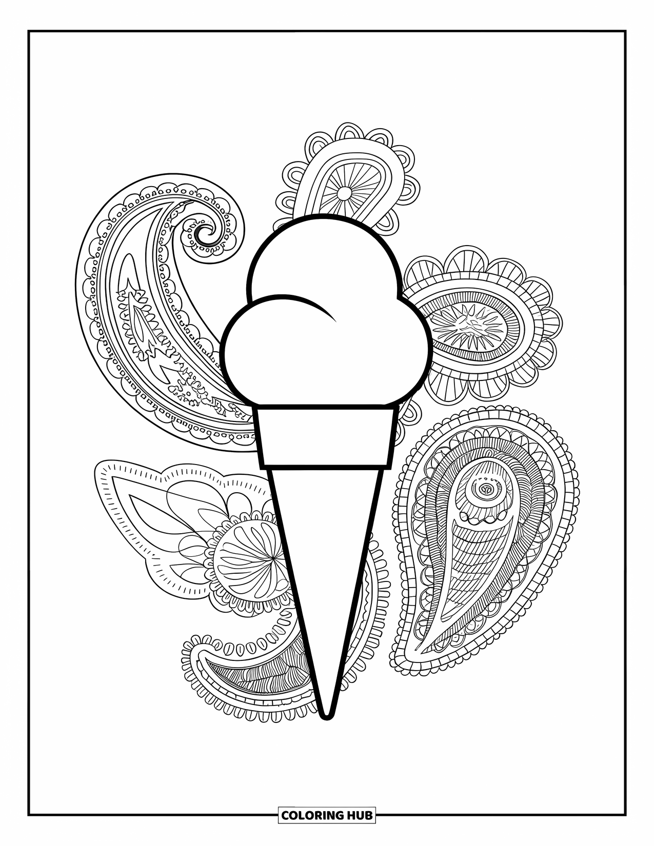 Ice Cream Cone Coloring Page for Adults: An ice cream cone is framed by paisley and zentangle dessert patterns