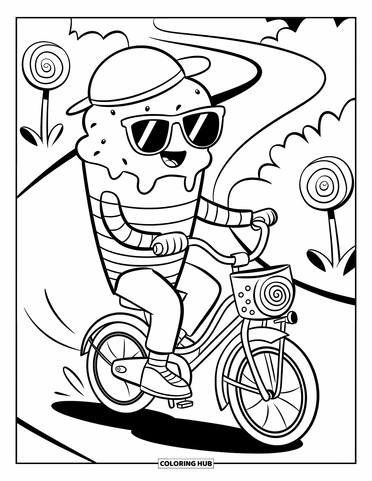 Ice Cream Cone Coloring Page for Adults: An ice cream cone rides a bike with a candy basket and lollipop flowers