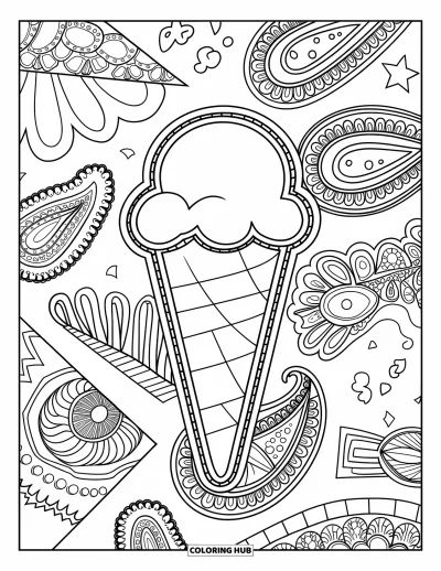 Desenho de casquinha de sorvete para colorir para adultos: Uma casquinha de sorvete está entre padrões detalhados de paisley e zentangle