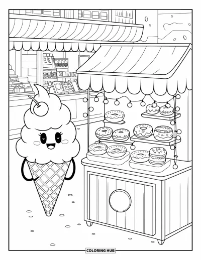 Desenho de casquinha de sorvete para colorir para adultos: Uma casquinha de sorvete com chapéu de cereja está ao lado de uma banca de sobremesas cheia de guloseimas