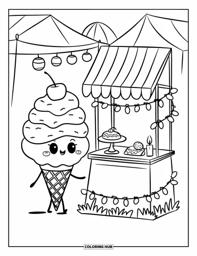 Desenho de casquinha de sorvete para colorir para adultos: Uma casquinha de sorvete com chapéu de cereja está ao lado de uma banca de sobremesas à noite