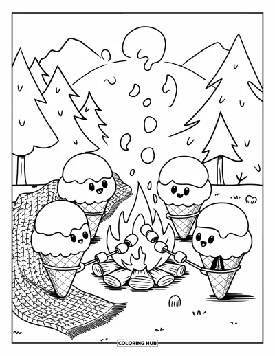 Desenho de casquinha de sorvete para colorir para adultos: Casquinhas kawaii estão ao redor de uma fogueira assando marshmallows