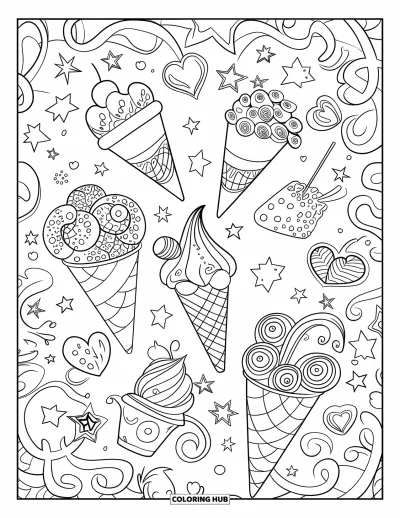 Desenho de casquinha de sorvete para colorir para adultos: Várias casquinhas com coberturas ornamentadas estão rodeadas por corações, estrelas e espirais