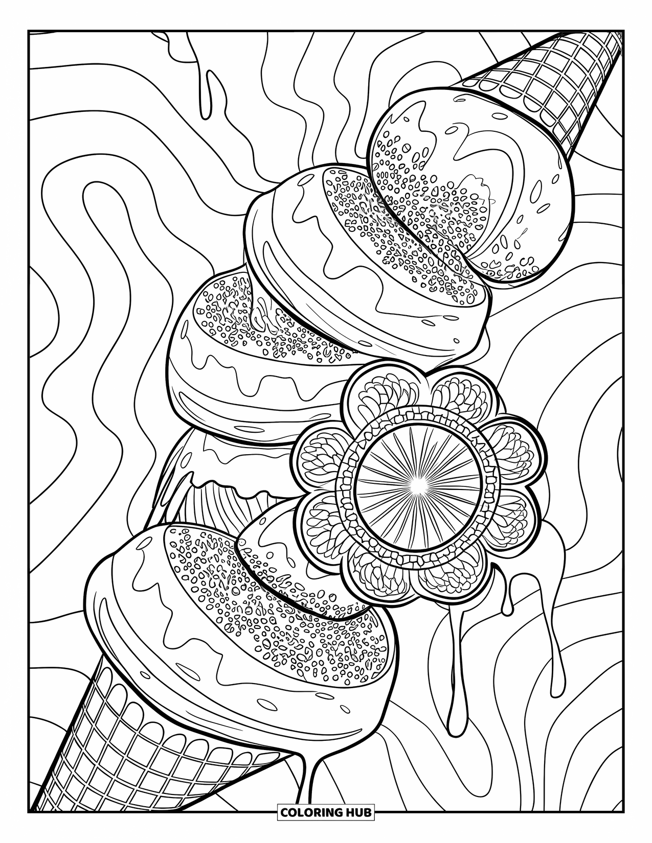 Ice Cream Cone Coloring Page for Adults: Surreal scoops swirl into mandalas with sprinkles and chocolate drizzles