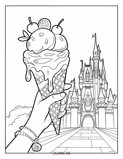 Desenho de casquinha de sorvete para colorir para crianças: Uma mão com pulseira segura uma casquinha frutada com calda em espiral
