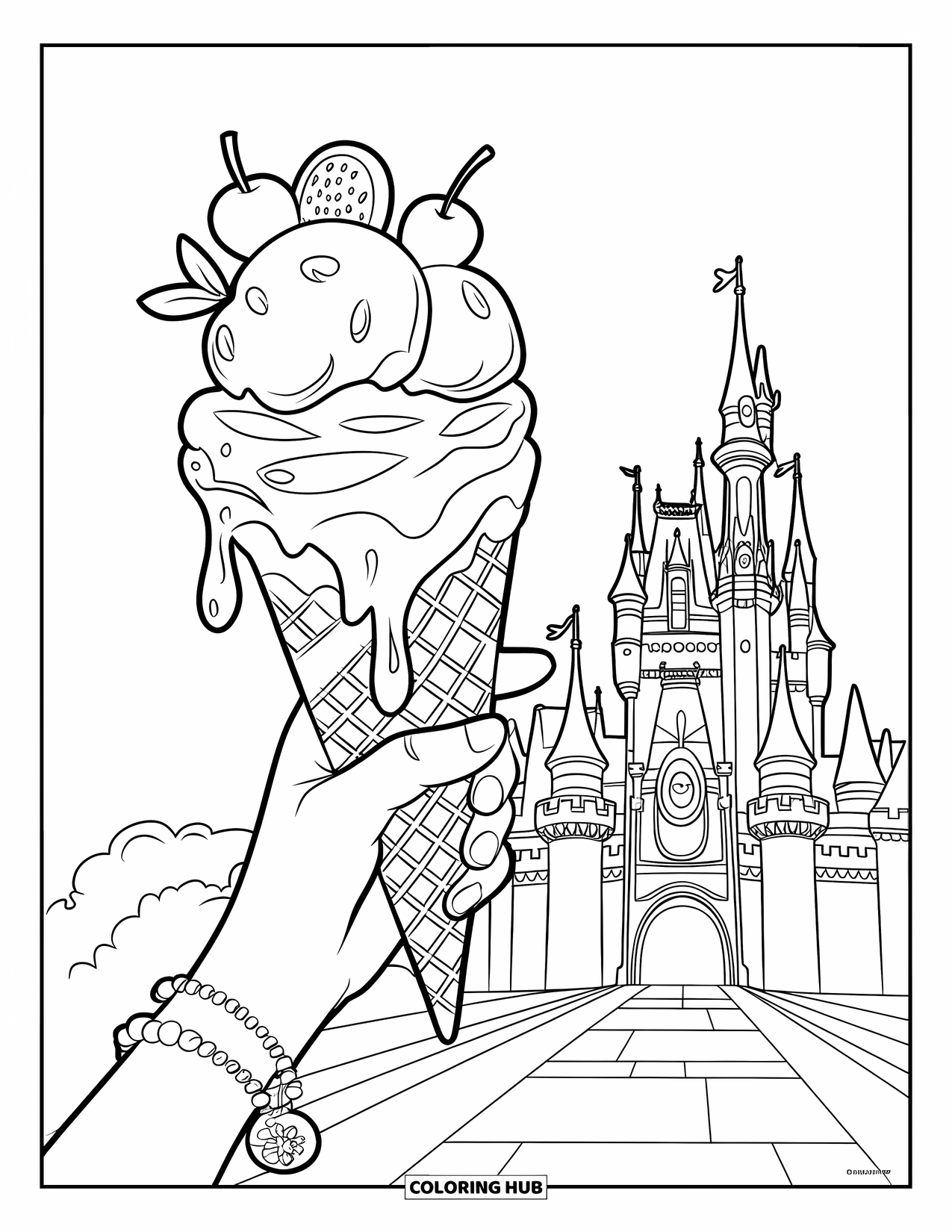Ice Cream Cone Coloring Page for Kids: A bracelet-wearing hand holds a fruity cone with swirled drizzle
