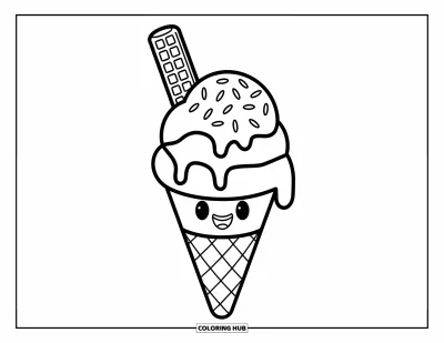 Desenho de casquinha de sorvete para colorir para crianças: Uma casquinha animada com wafer e granulado escorre levemente