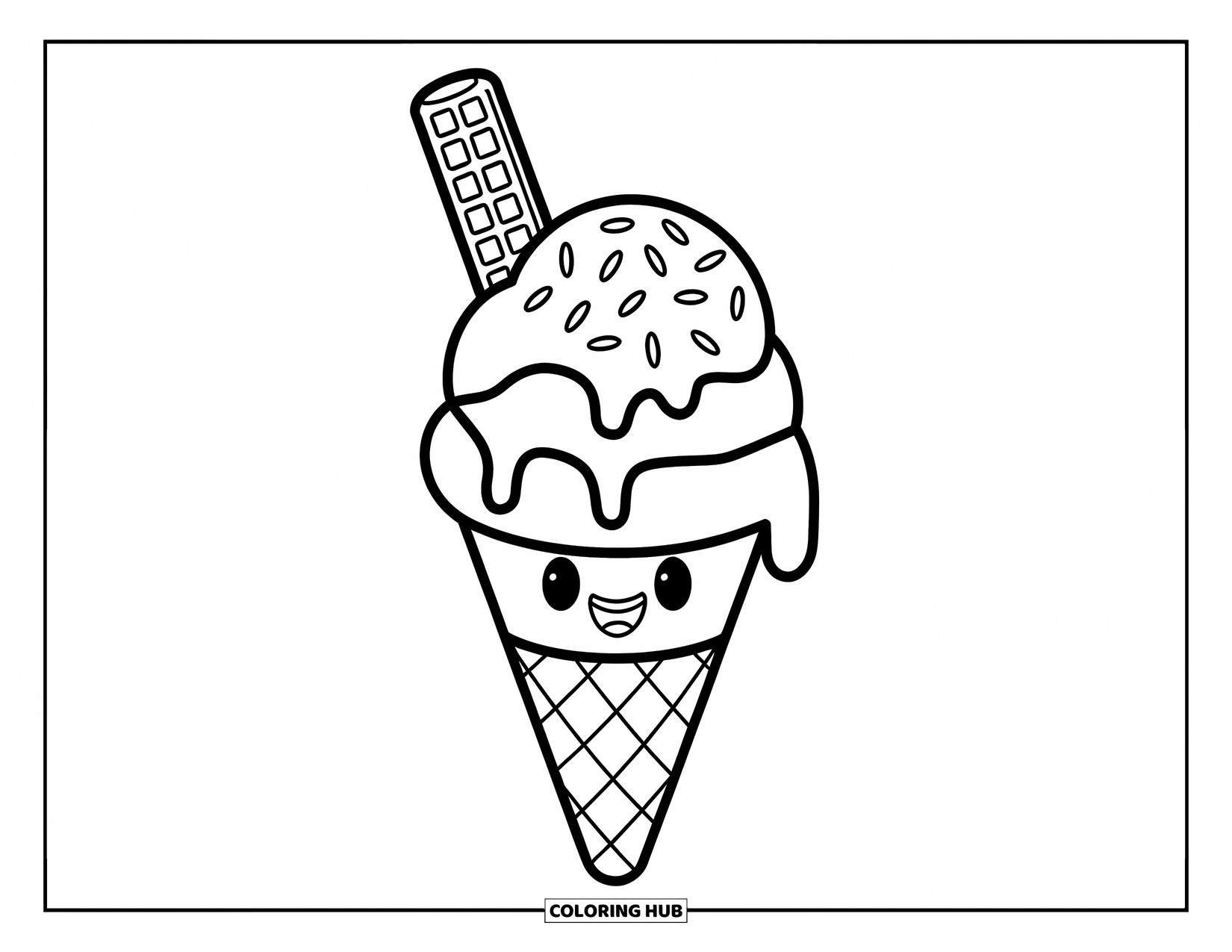 Ice Cream Cone Coloring Page for Kids: A cheerful cone with a wafer and sprinkles drips slightly