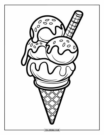 Desenho de casquinha de sorvete para colorir para crianças: Uma casquinha alegre com três bolas, calda e palito de wafer sorri radiante