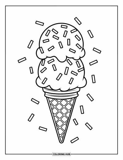 Desenho de casquinha de sorvete para colorir para crianças: Uma casquinha dupla de chocolate e baunilha com granulado escorrendo