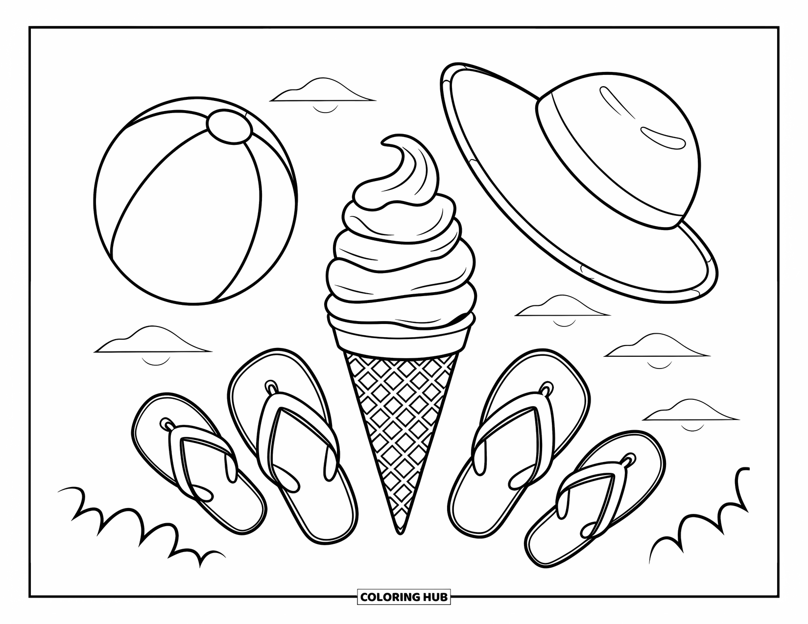 Ice Cream Cone Coloring Page for Kids: A cone is surrounded by flip-flops, a sunhat, a beach ball, and a surfboard