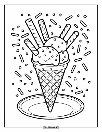 Desenho de casquinha de sorvete para colorir para crianças: Uma casquinha sobre um prato é decorada com palitos de doce e granulado espalhado