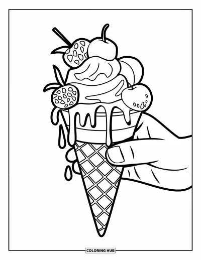 Desenho de casquinha de sorvete para colorir para crianças: Uma casquinha com frutas e calda é levantada com uma mão